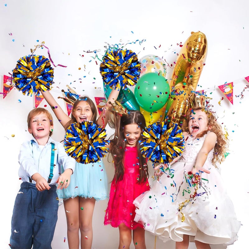 CREATIEE-PRO 4Pcs Metallic Cheerleading Pom Poms, Creatiee 2 Pair Cheerleader Cheering Squad Pompoms for School Sports Dance Games Team Spirit Cheer (Blue-Gold) - Image 4